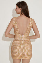 Golden Beaded V-Neck Cocktail Dress